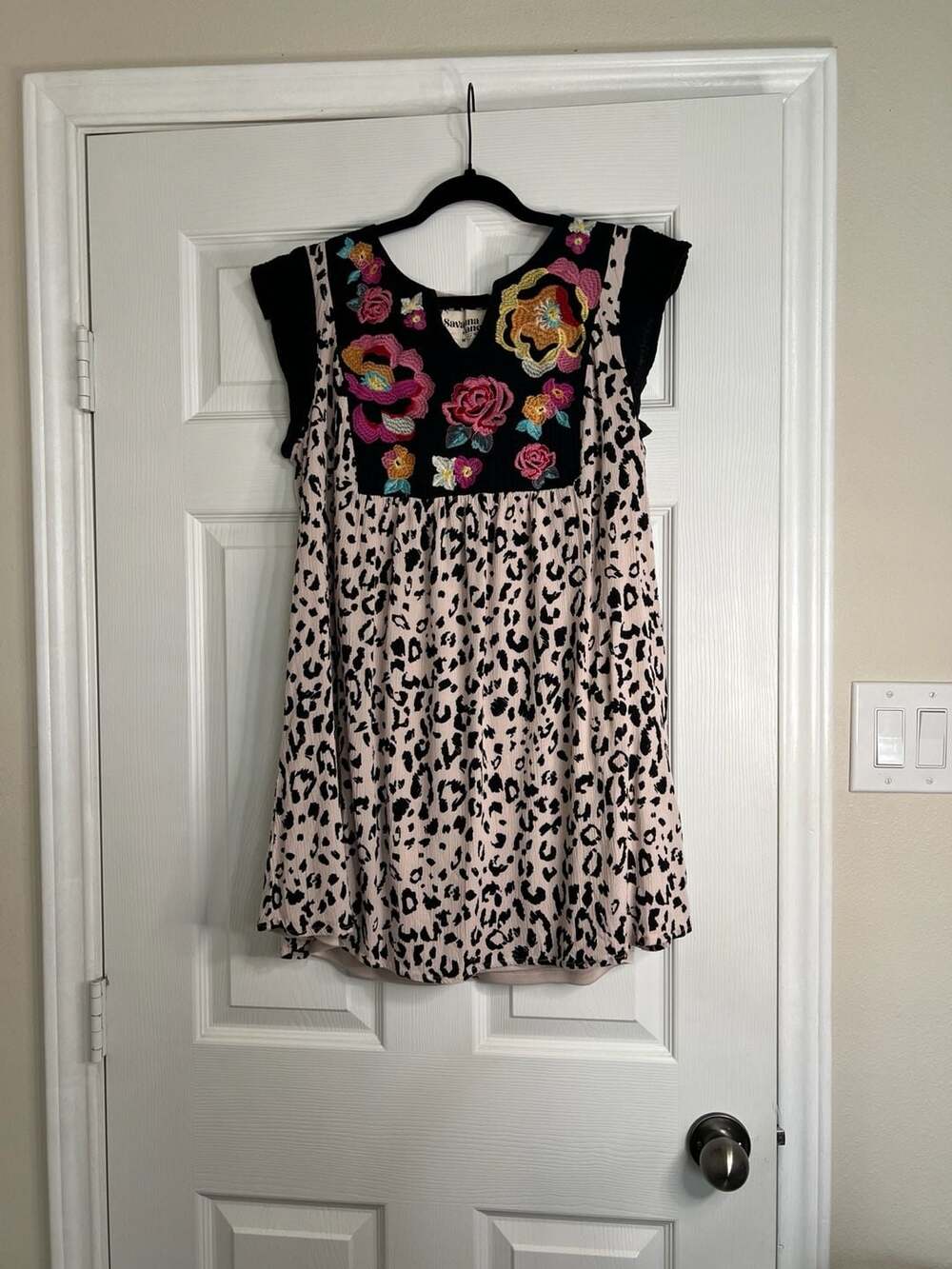Savanna Jane Womens Shift Dress Leopard Floral Embroidered Above Knee Boho M
